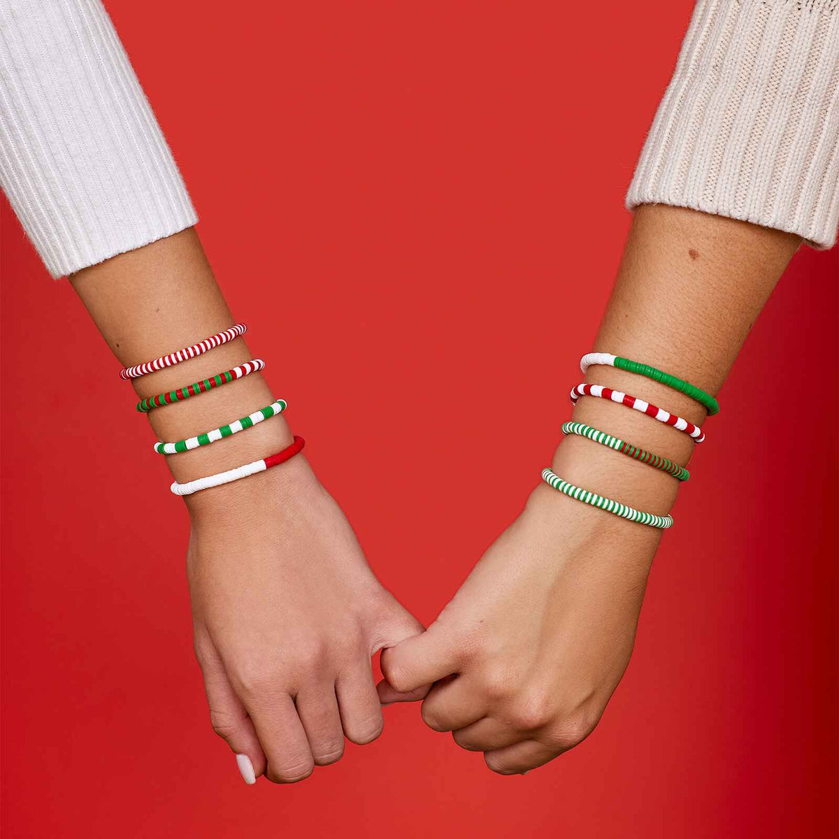 Red. Green & White Stretch Bracelet Set of 8