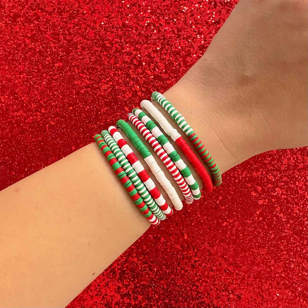 Red. Green & White Stretch Bracelet Set of 8