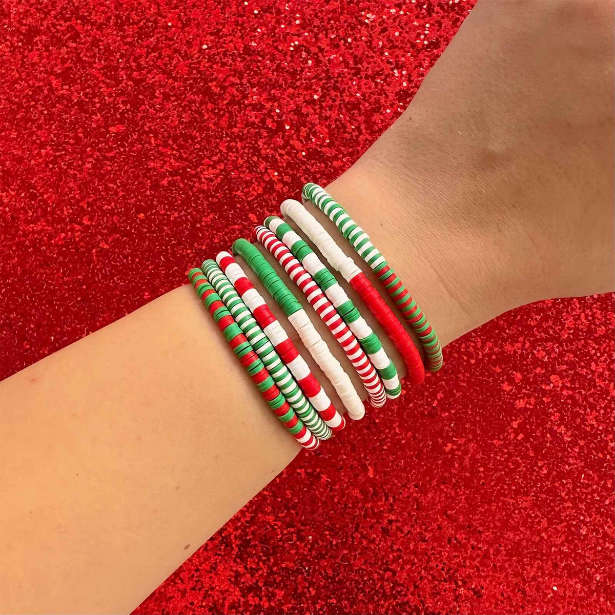 Red. Green & White Stretch Bracelet Set of 8