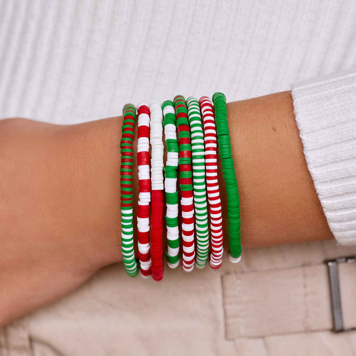 Red. Green & White Stretch Bracelet Set of 8
